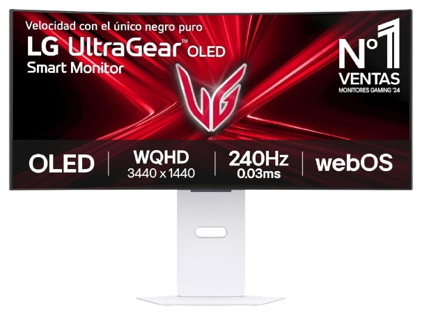 Monitor gaming ultrawide de 34 pulgadas LG UltraGear 34GX90SA-W con panel WOLED curvo 800R a 240 Hz, acabado blanco y HDMI 2.1