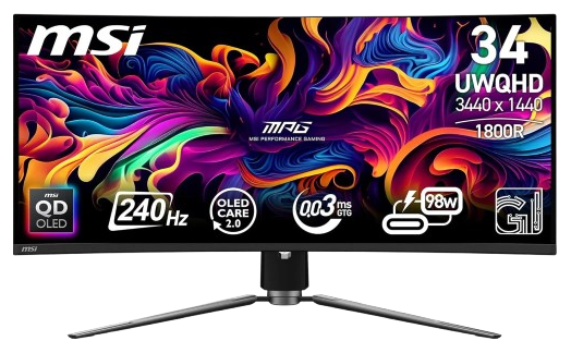 Monitor gaming ultrawide de 34 pulgadas MSI MPG 341CQPX QD-OLED a 240 Hz con 0,03 ms, disipador de grafeno y puerto USB-C de 98 W