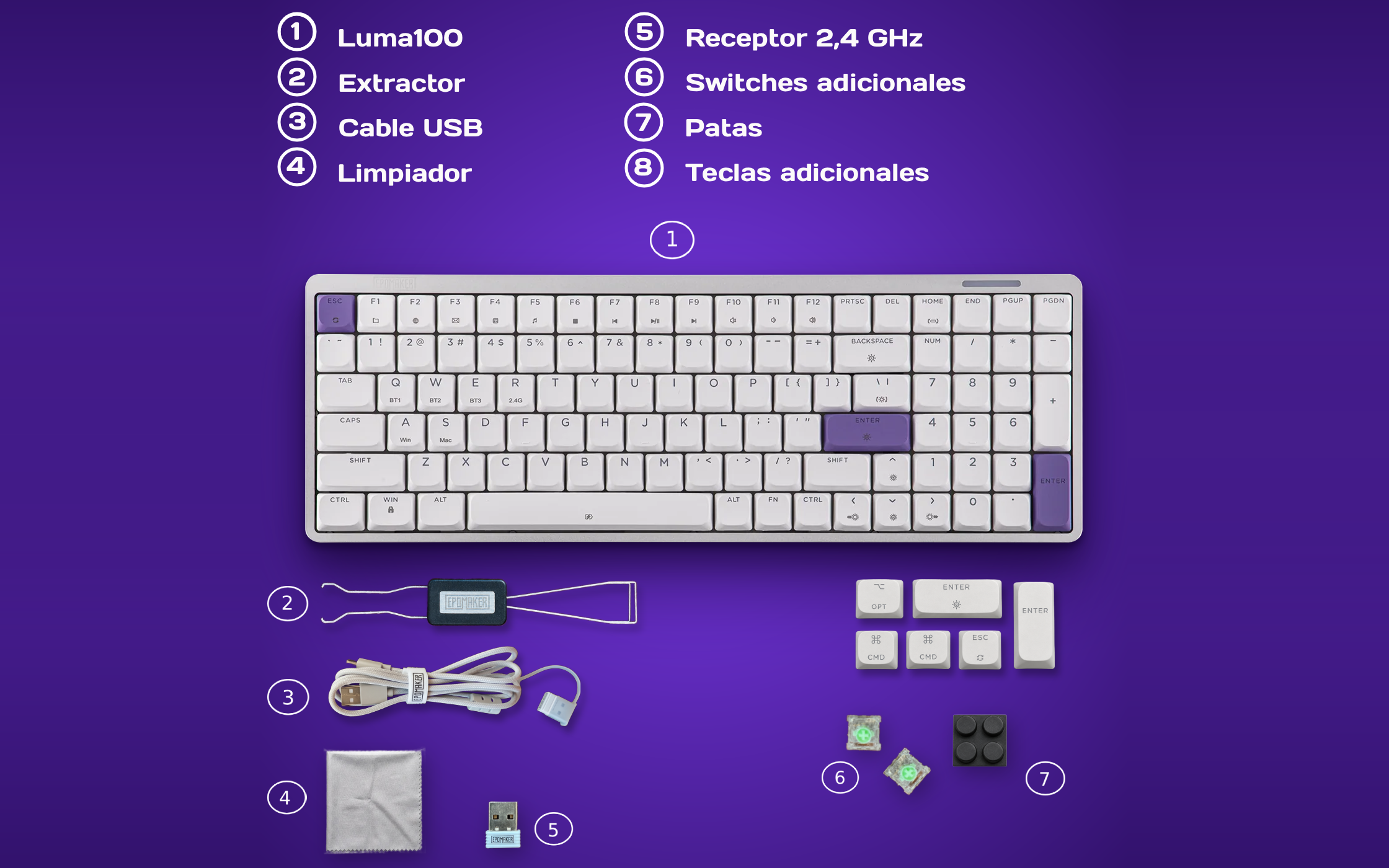 Desglose numerado del contenido de la caja del EPOMAKER LUMA100 con teclado y accesorios