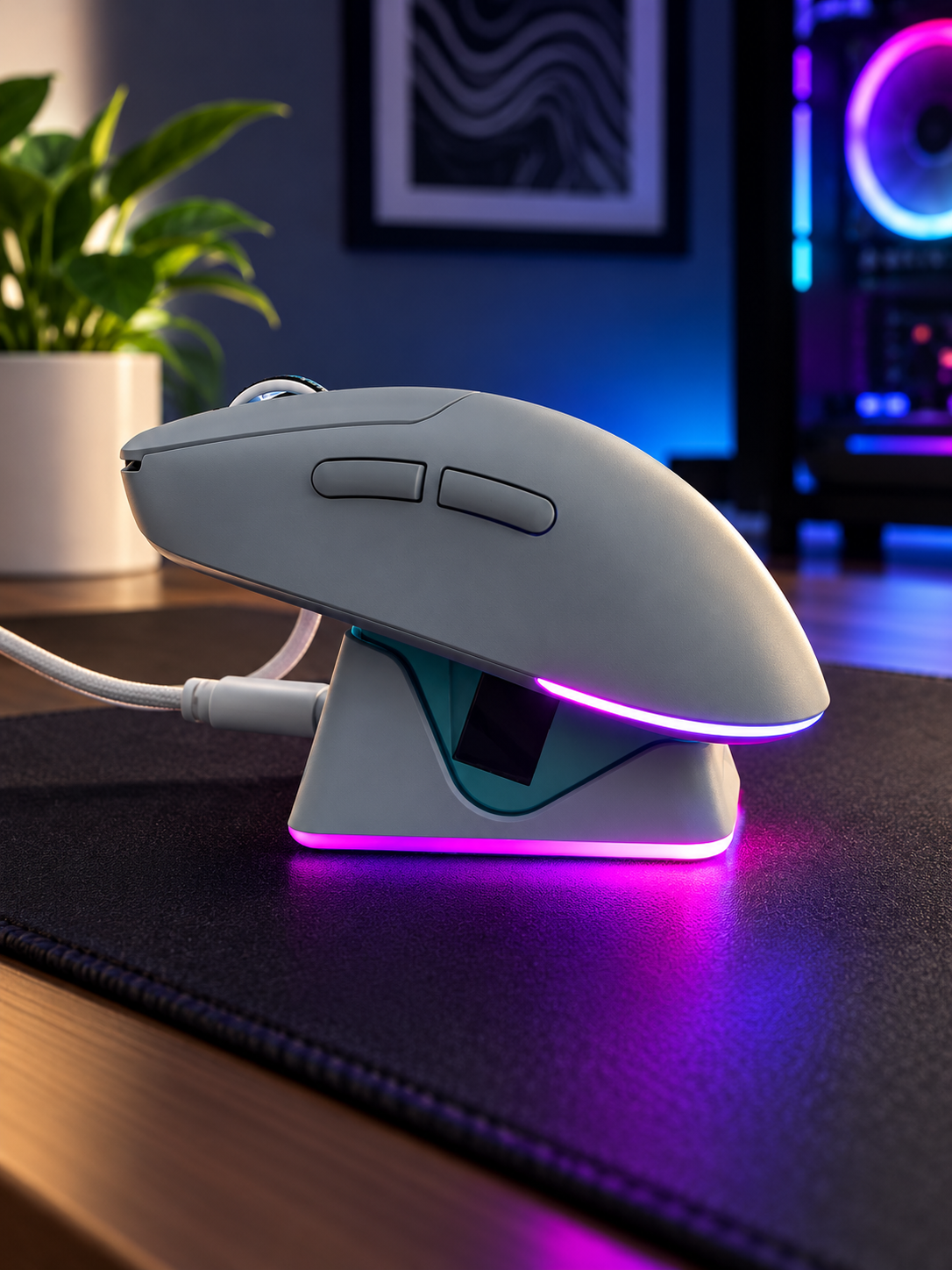 Ratón ergonómico EPOMAKER NEX Lite en color verde pastel reposando sobre su base de carga magnética inteligente