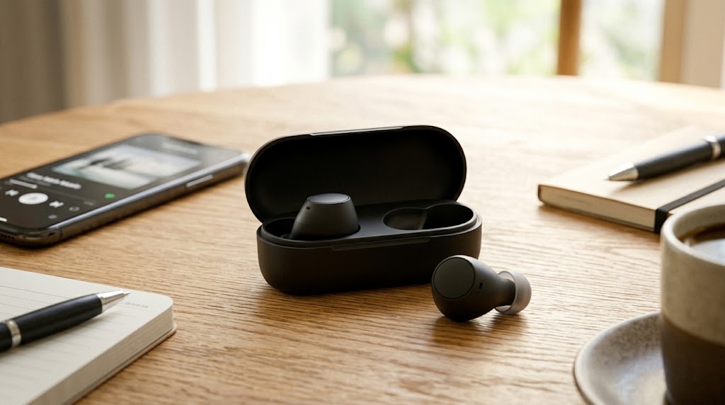 Estuche de carga abierto de los auriculares Sony WF-C510 en el escritorio de trabajo junto a un smartphone reproduciendo música