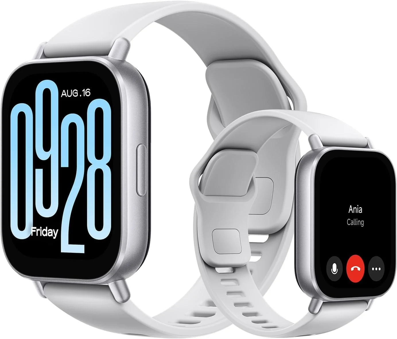 Redmi Watch 5 Active con pantalla rectangular de gran formato, acabado color plata y botones funcionales