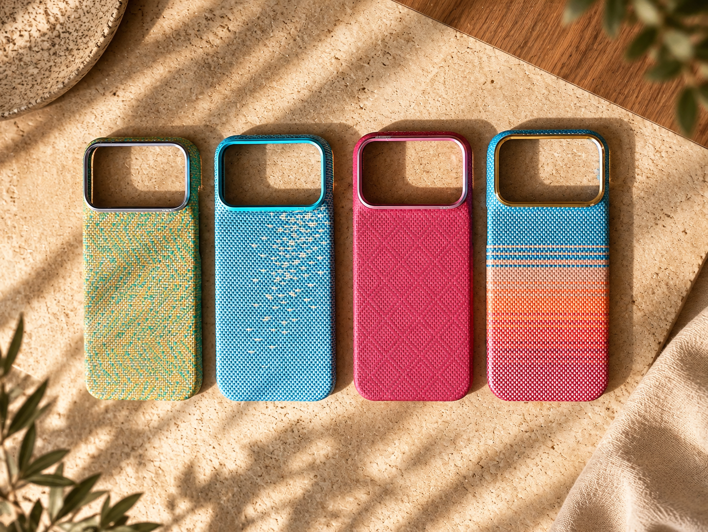 Fundas PITAKA Edge para iPhone 18 Pro Max: comparativa de los diseños Surging Awn, Abyss, Burgundy y Sunset en fibra de aramida