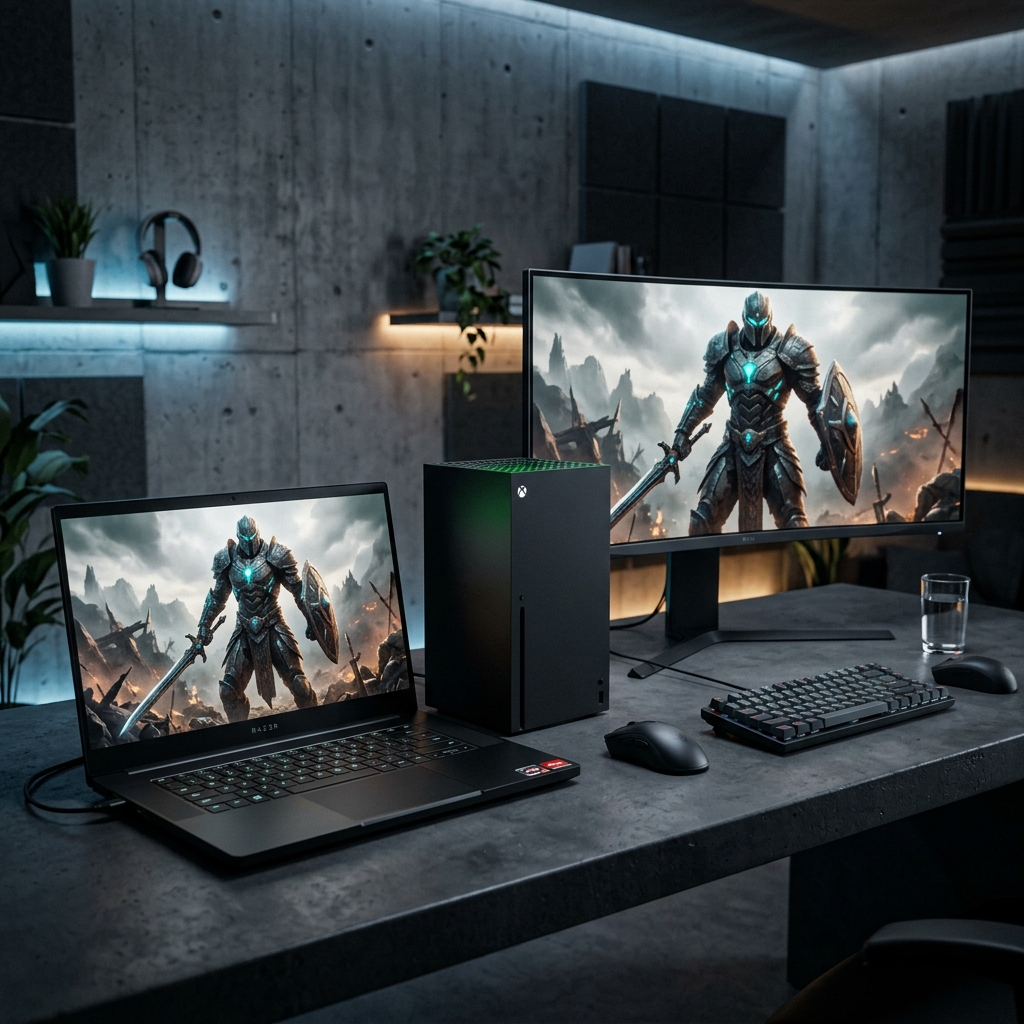 Representación visual de un PC y una Xbox compartiendo la misma partida gracias a Xbox Play Anywhere